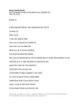 Ann Elizabeth Rawson to Abraham Bray.