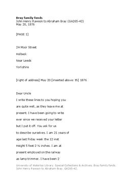 John Henry Rawson to Abraham Bray.
