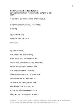Correspondence from Martha Rieder.
